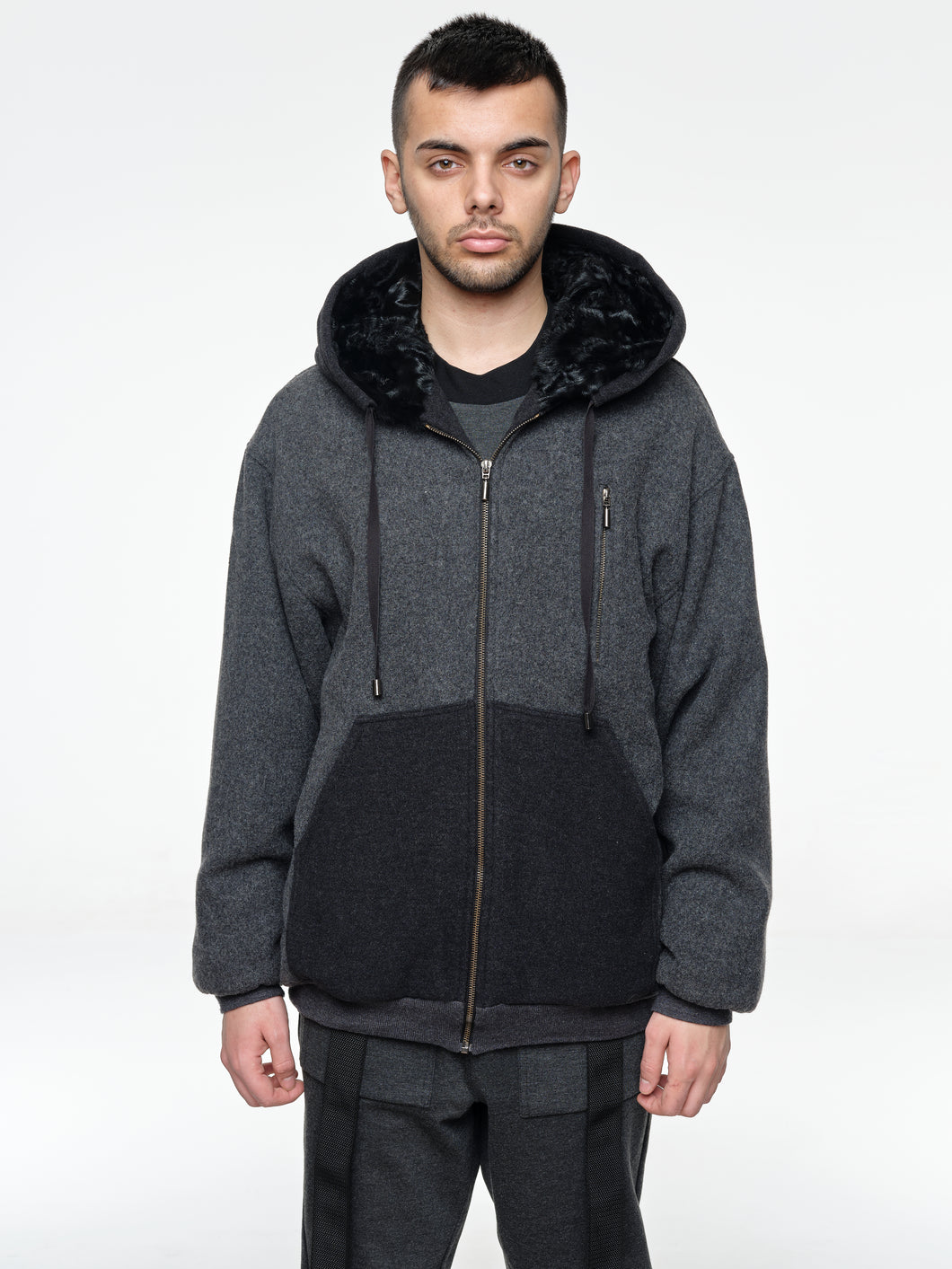 Wool-blend Jacket With Swakara Lamb Fur Hoodie