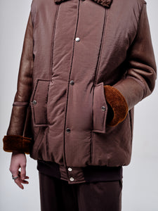 Brown Bomber Jacket With Shearling Sleeves