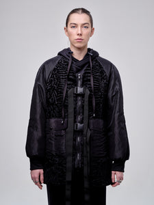 Nylon Bomber Jacket With Astrakhan Fur