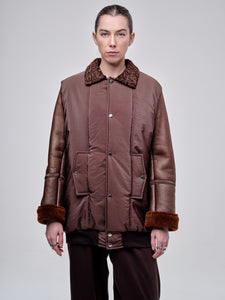 Brown Bomber Jacket With Shearling Sleeves