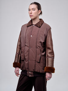 Brown Bomber Jacket With Shearling Sleeves